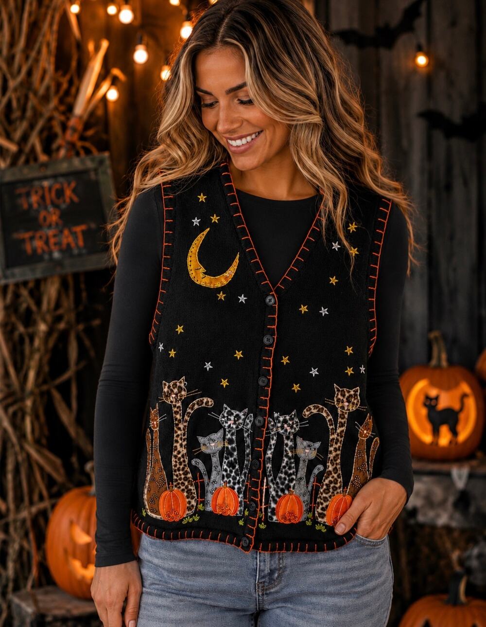 Vintage White Stag Halloween Cat & Pumpkin Sequin Cotton-Blend Vest Size Small